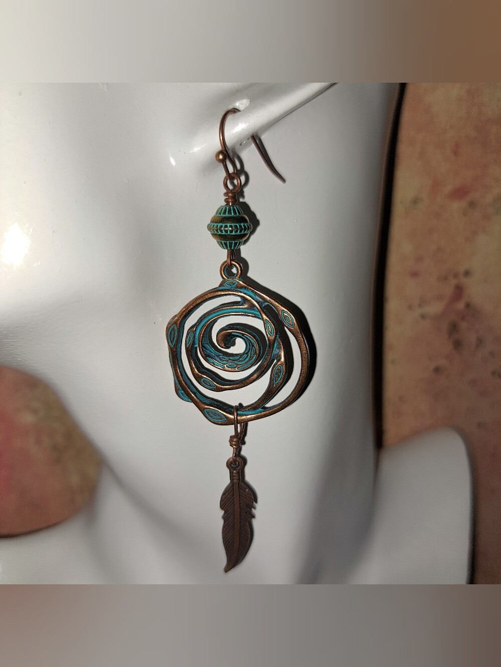 Boho Turquoise Patina Copper Spiral Feather Drop Earrings